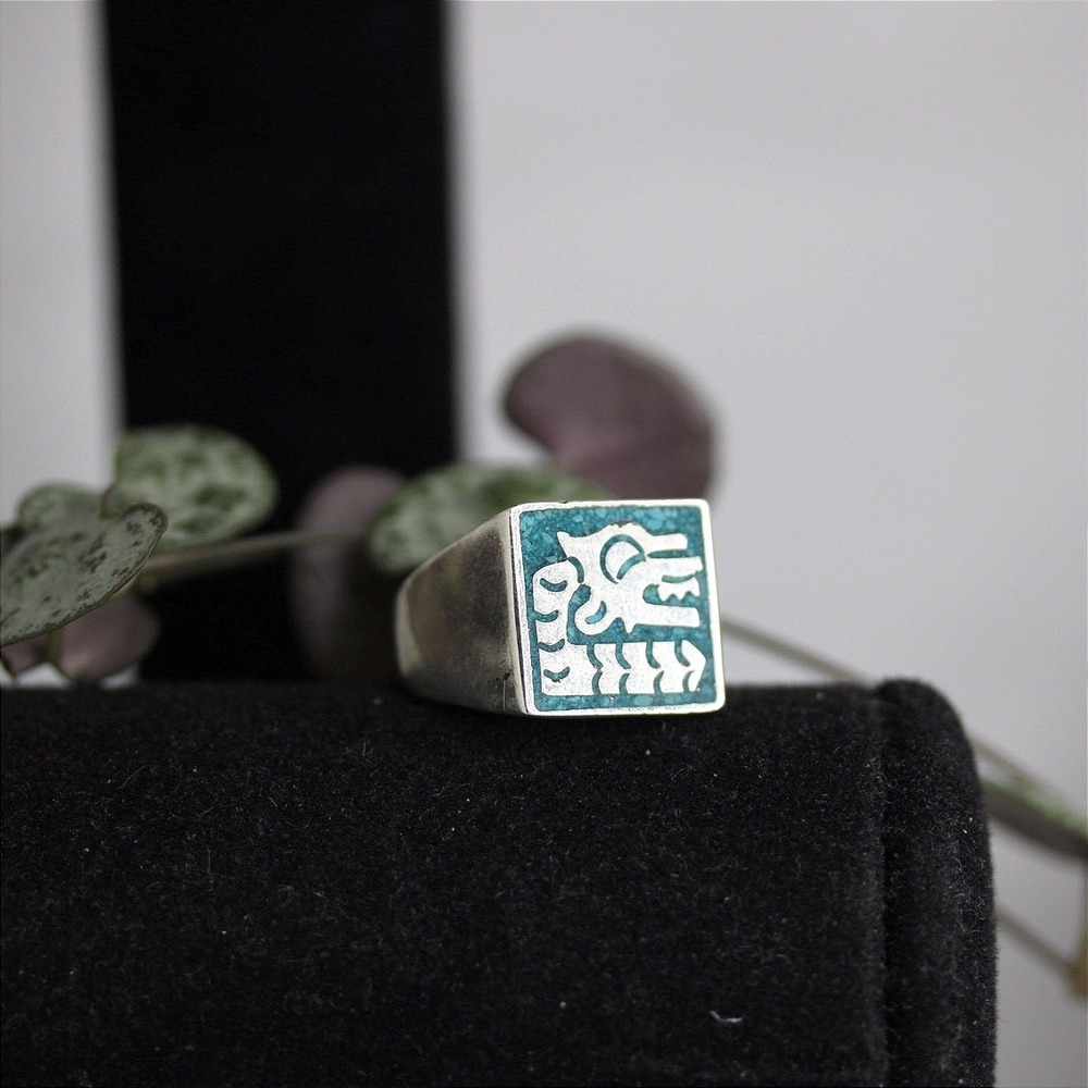 Vintage Taxco Mexico Sterling Silver Turquoise Inlay Aztec Serpent Ring APB MCM